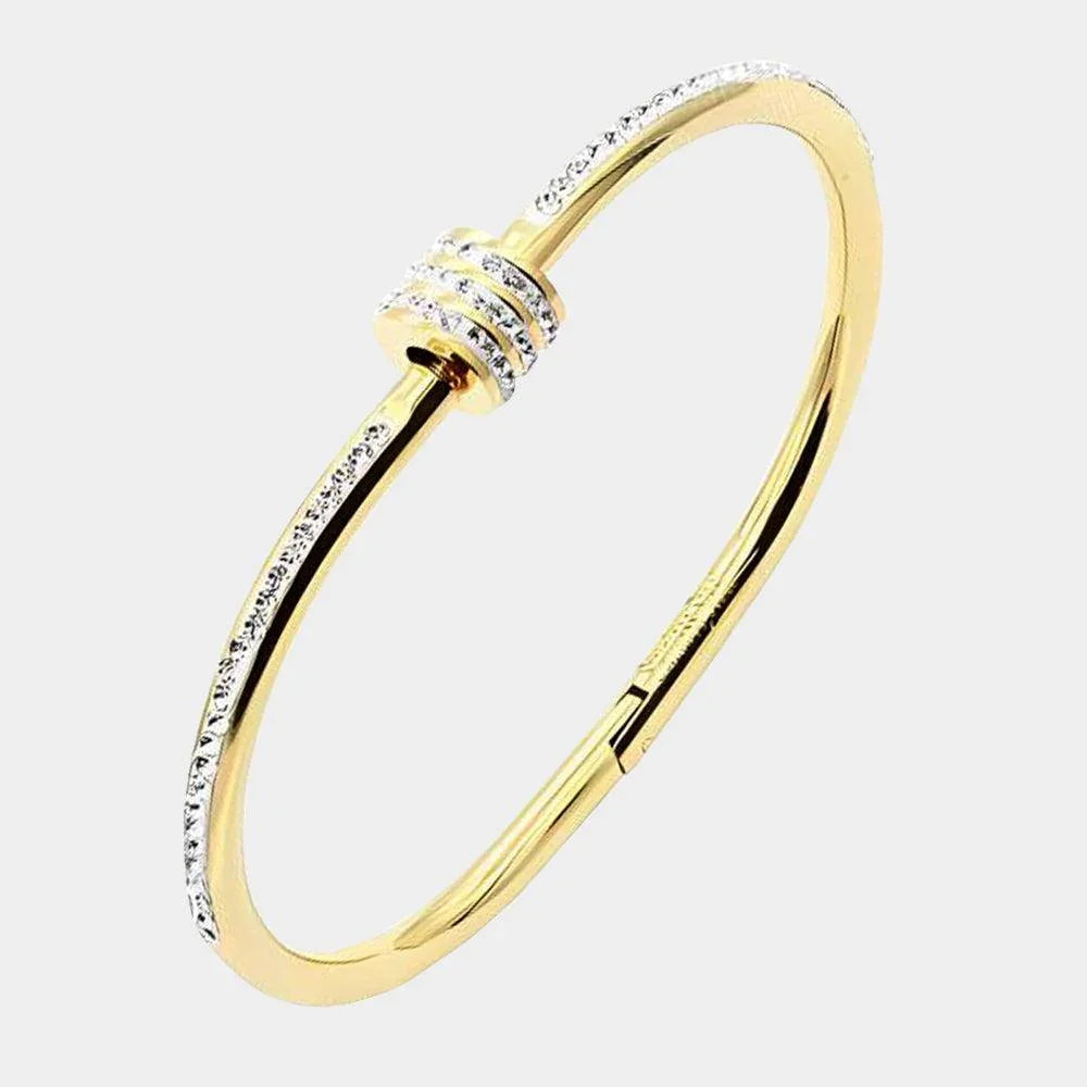 Gold Rhinestone Embellished Stainless Steel Bangle Evening Bracelet - Jewelry Store by Erik Rayo