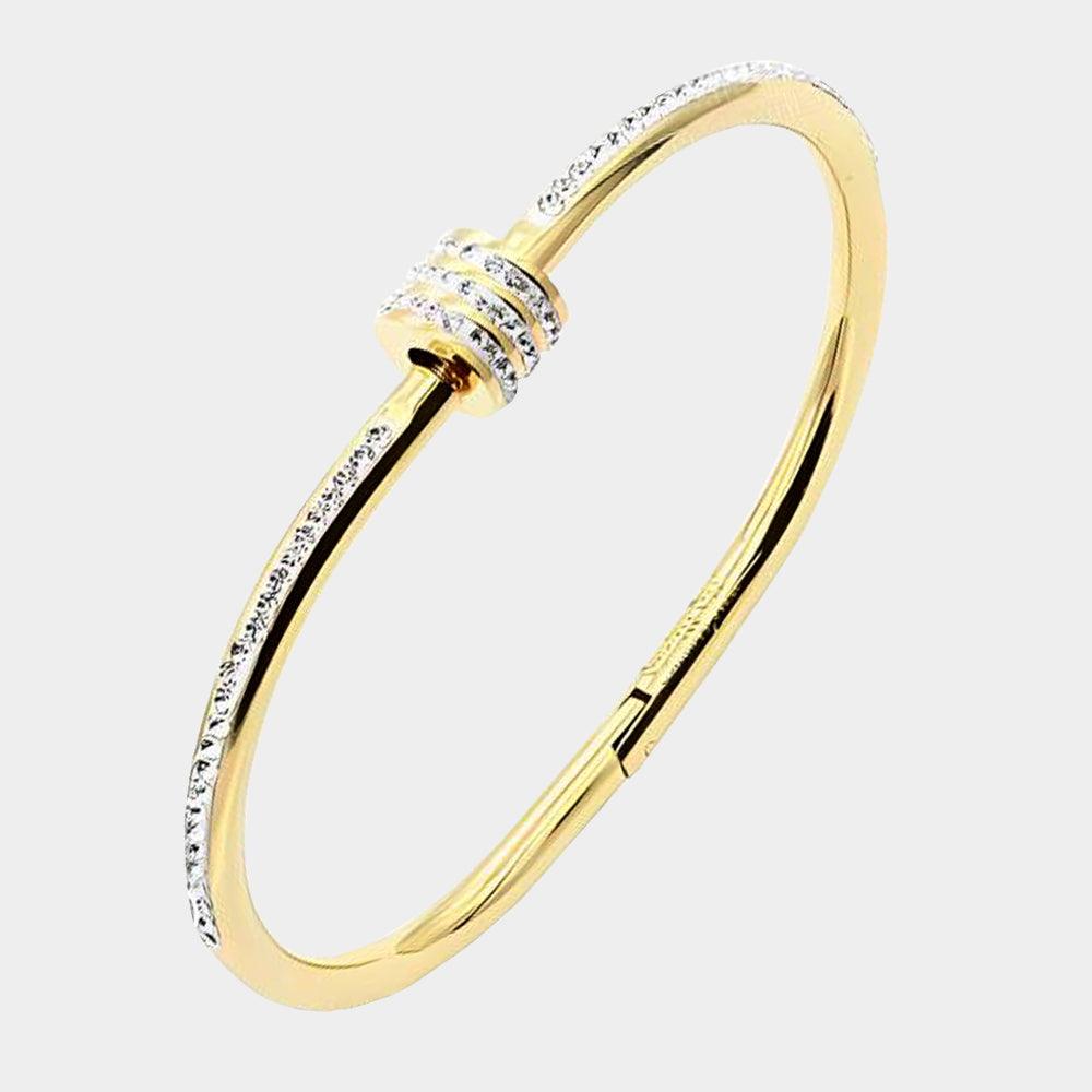 Gold Rhinestone Embellished Stainless Steel Bangle Evening Bracelet