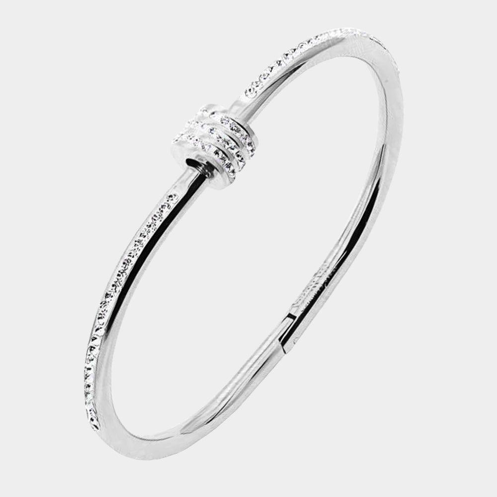 Silver Rhinestone Embellished Stainless Steel Bangle Evening Bracelet