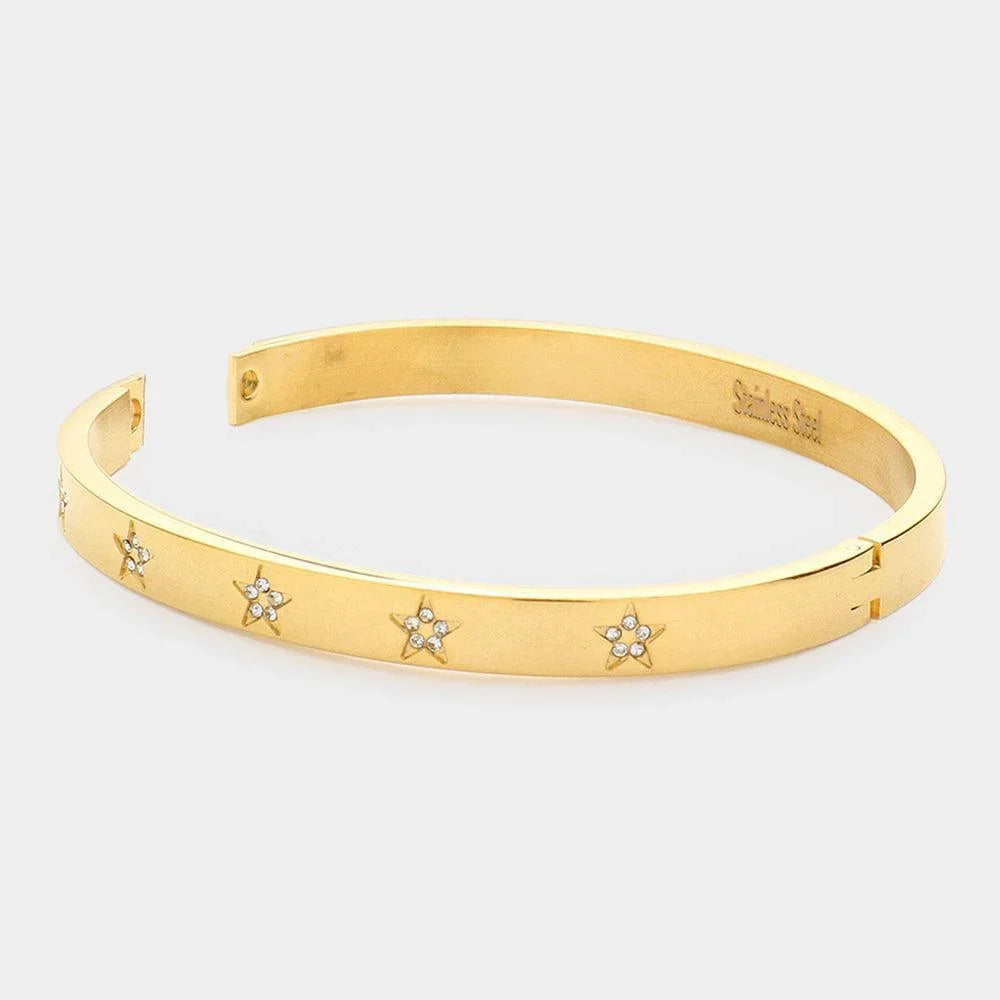 Gold Rhinestone Embellished Star Stainless Steel Bangle Evening Bracelet - Jewelry Store by Erik Rayo