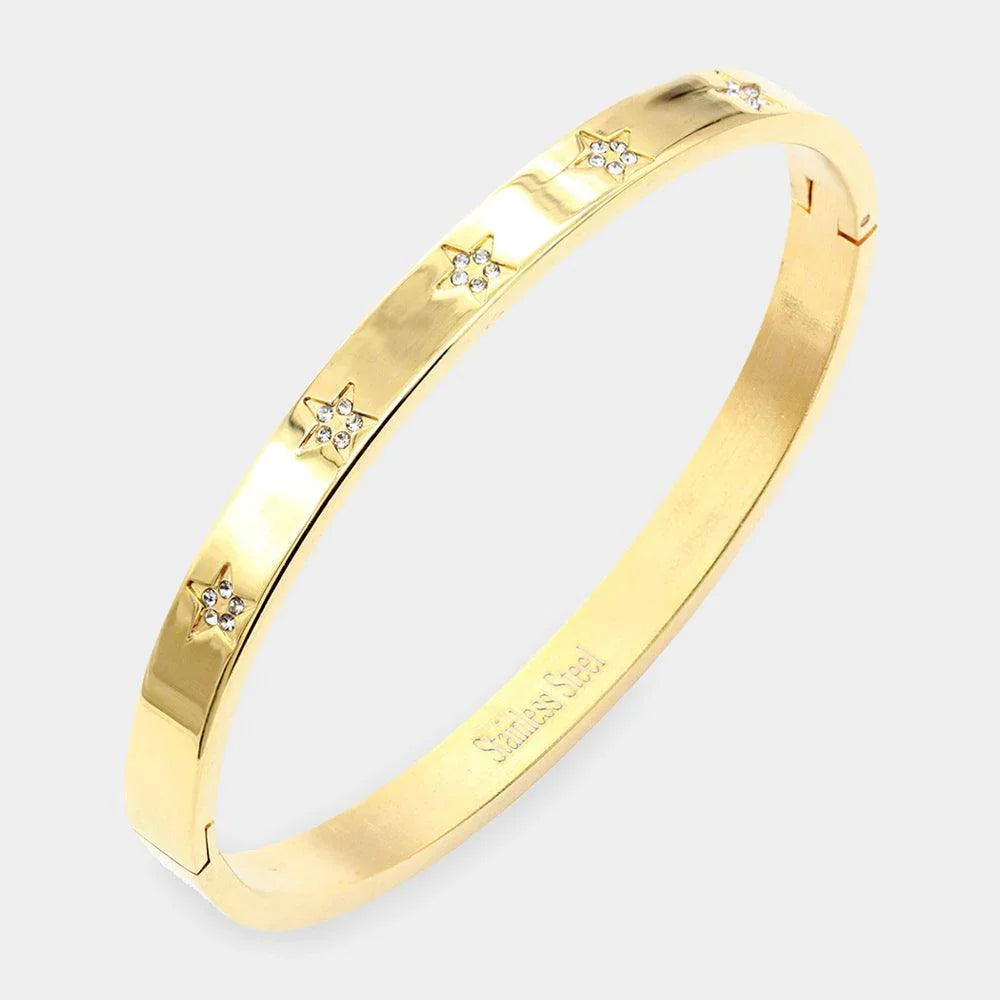 Gold Rhinestone Embellished Star Stainless Steel Bangle Evening Bracelet - Jewelry Store by Erik Rayo