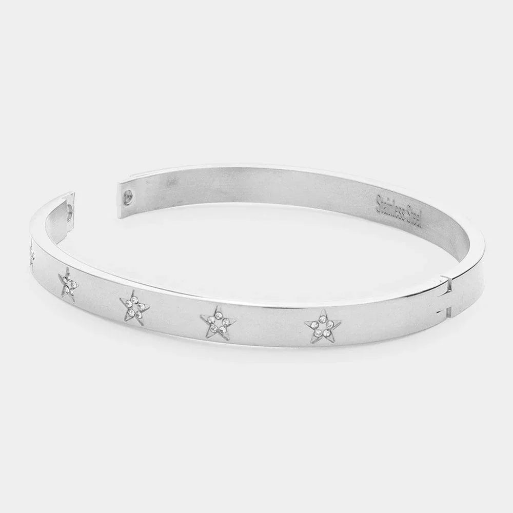 Silver CZ Embellished Star Stainless Steel Bangle Evening Bracelet - Jewelry Store by Erik Rayo