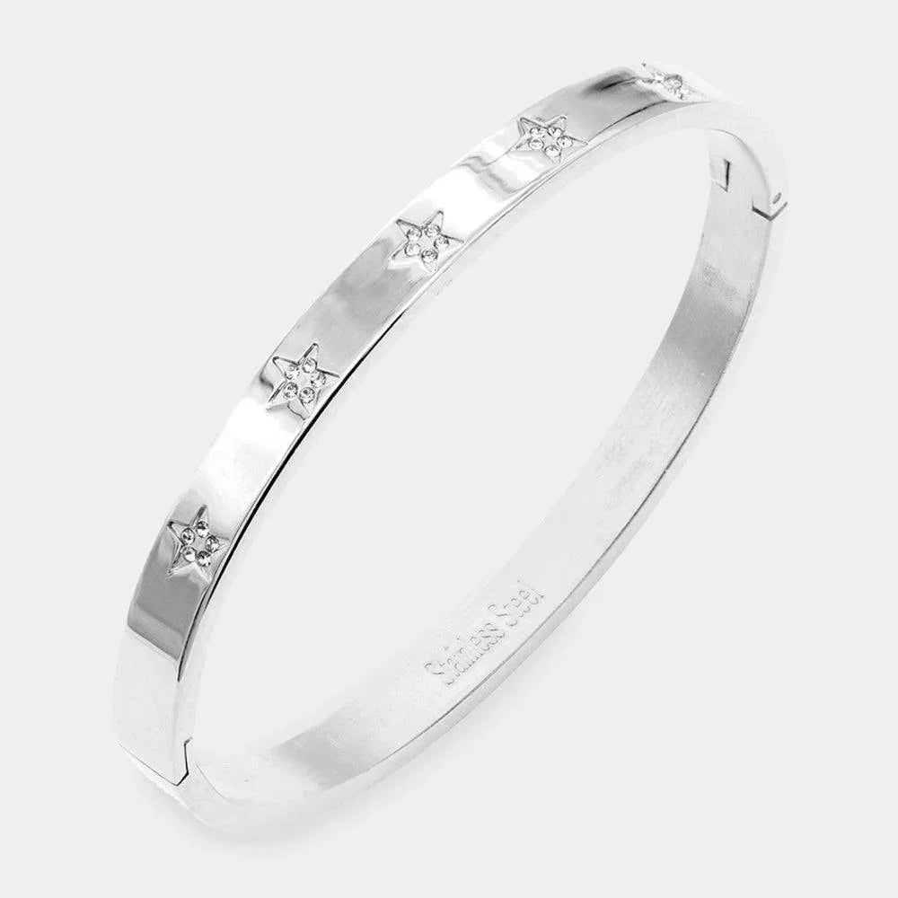 Silver CZ Embellished Star Stainless Steel Bangle Evening Bracelet - Jewelry Store by Erik Rayo