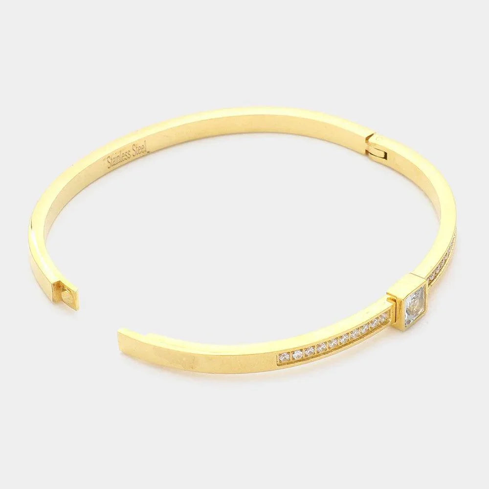 Gold CZ Square Stone Accented Stainless Steel Bangle Bracelet - Jewelry Store by Erik Rayo