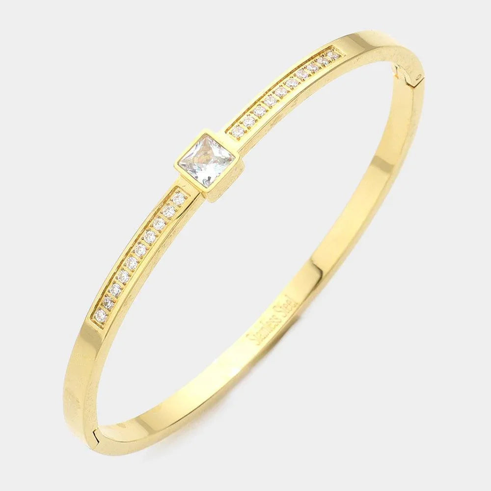 Gold CZ Square Stone Accented Stainless Steel Bangle Bracelet - Jewelry Store by Erik Rayo