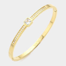 Load image into Gallery viewer, Gold CZ Square Stone Accented Stainless Steel Bangle Bracelet
