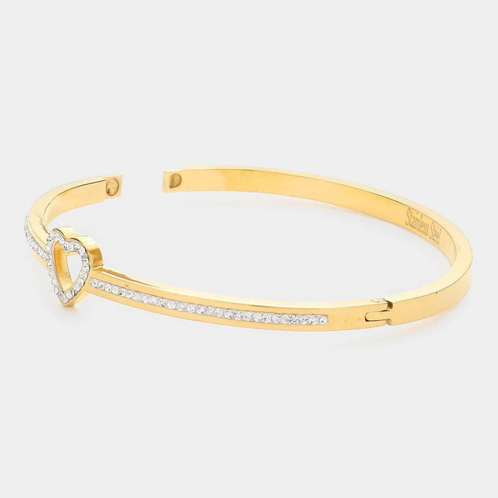 Gold CZ Embellished Heart Stainless Steel Bangle Evening Bracelet - Jewelry Store by Erik Rayo