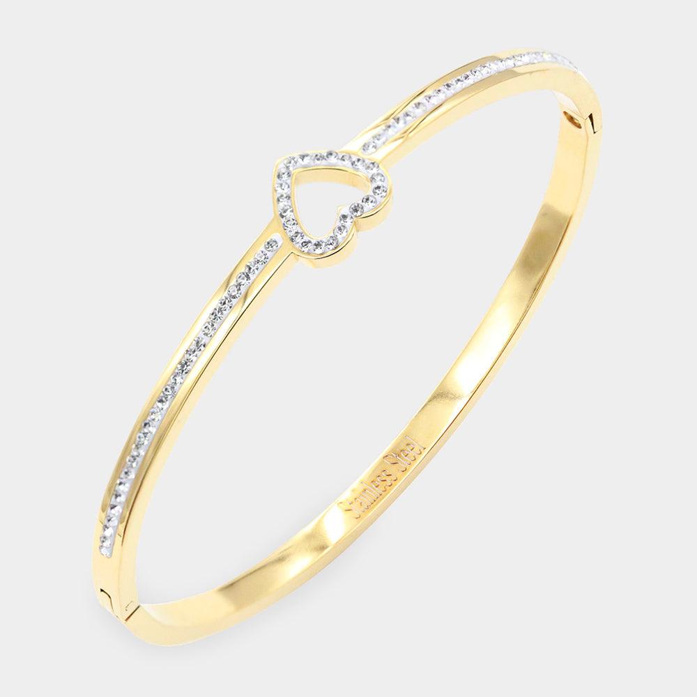 Gold CZ Embellished Heart Stainless Steel Bangle Evening Bracelet