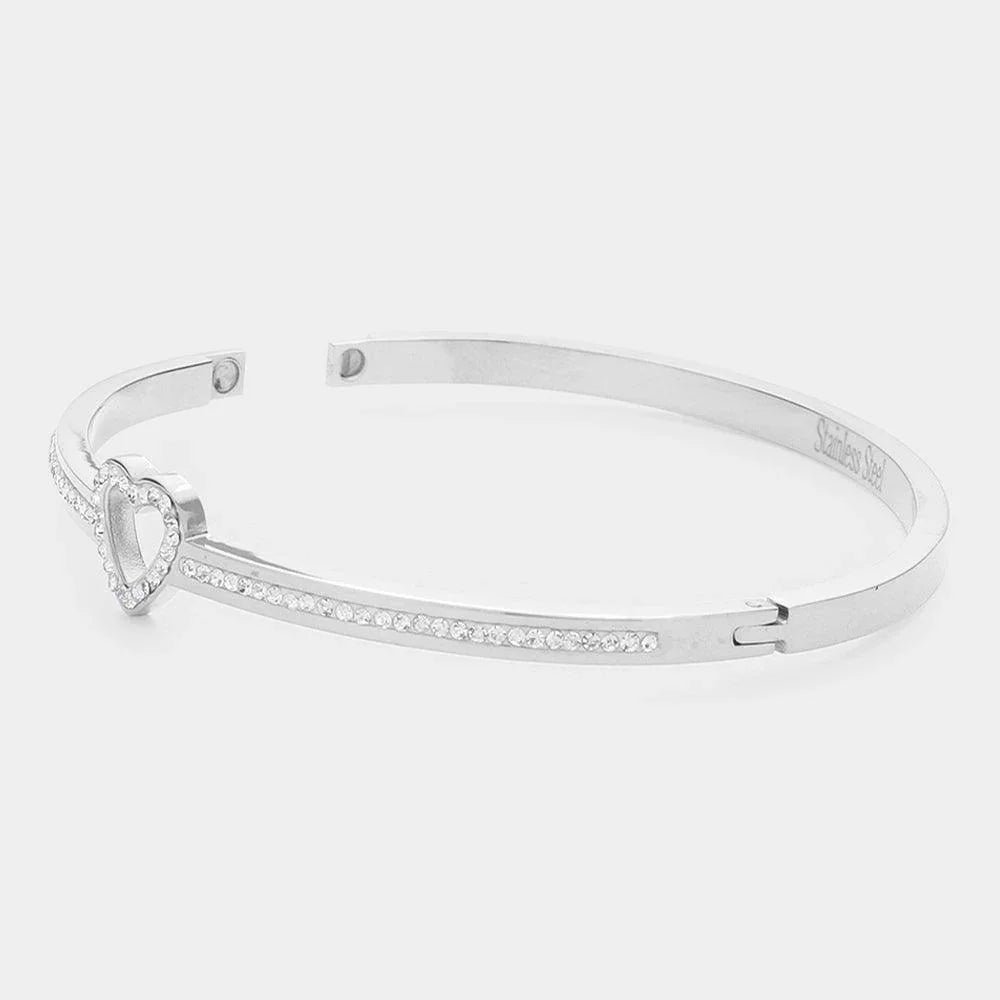 Silver CZ Embellished Heart Stainless Steel Bangle Evening Bracelet - Jewelry Store by Erik Rayo