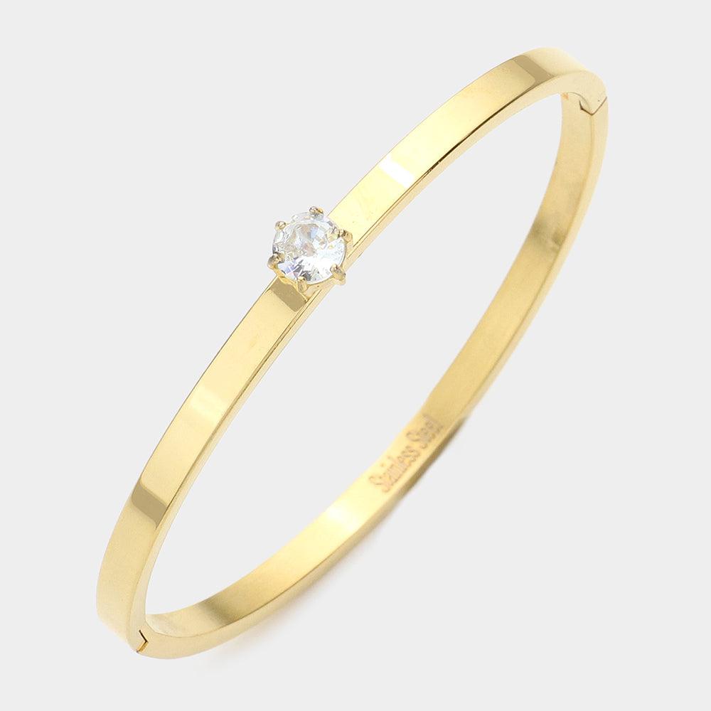 Gold CZ Rond Stone Accented Stainless Steel Bangle Bracelet