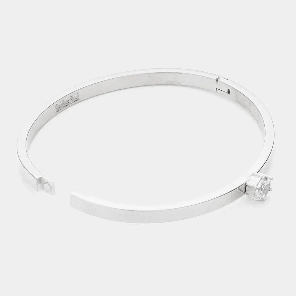 Silver CZ Rond Stone Accented Stainless Steel Bangle Bracelet - Jewelry Store by Erik Rayo