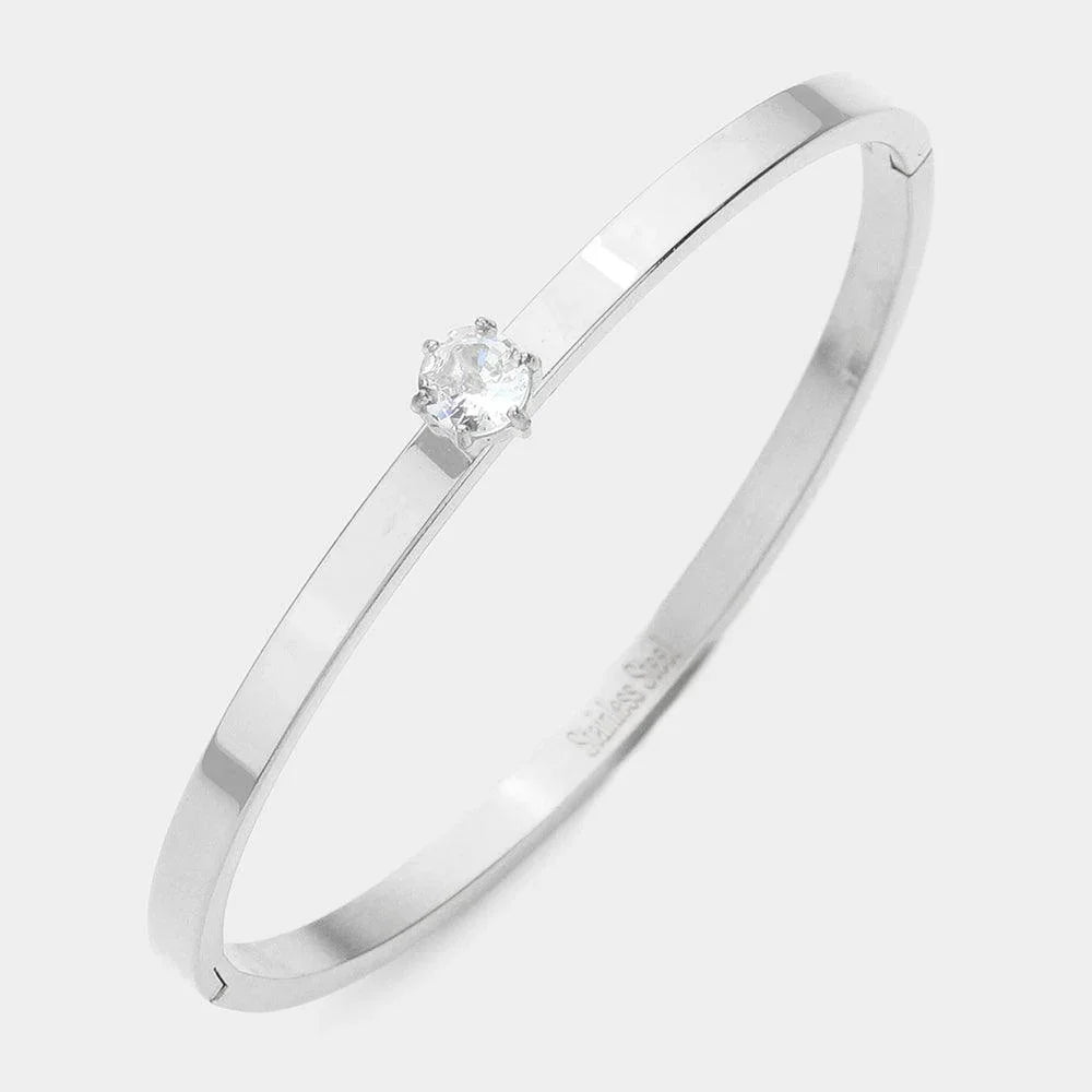 Silver CZ Rond Stone Accented Stainless Steel Bangle Bracelet - Jewelry Store by Erik Rayo