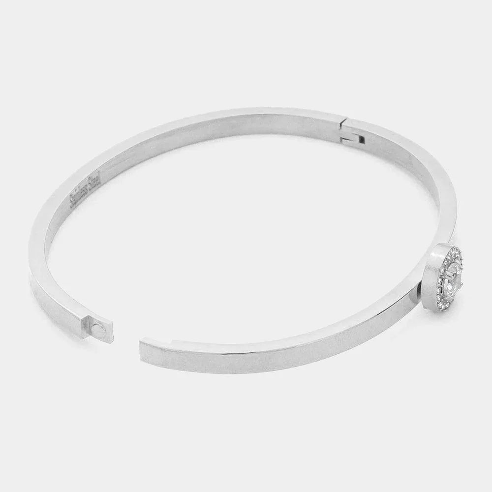 Silver CZ Rond Stone Accented Stainless Steel Bangle Bracelet - Jewelry Store by Erik Rayo