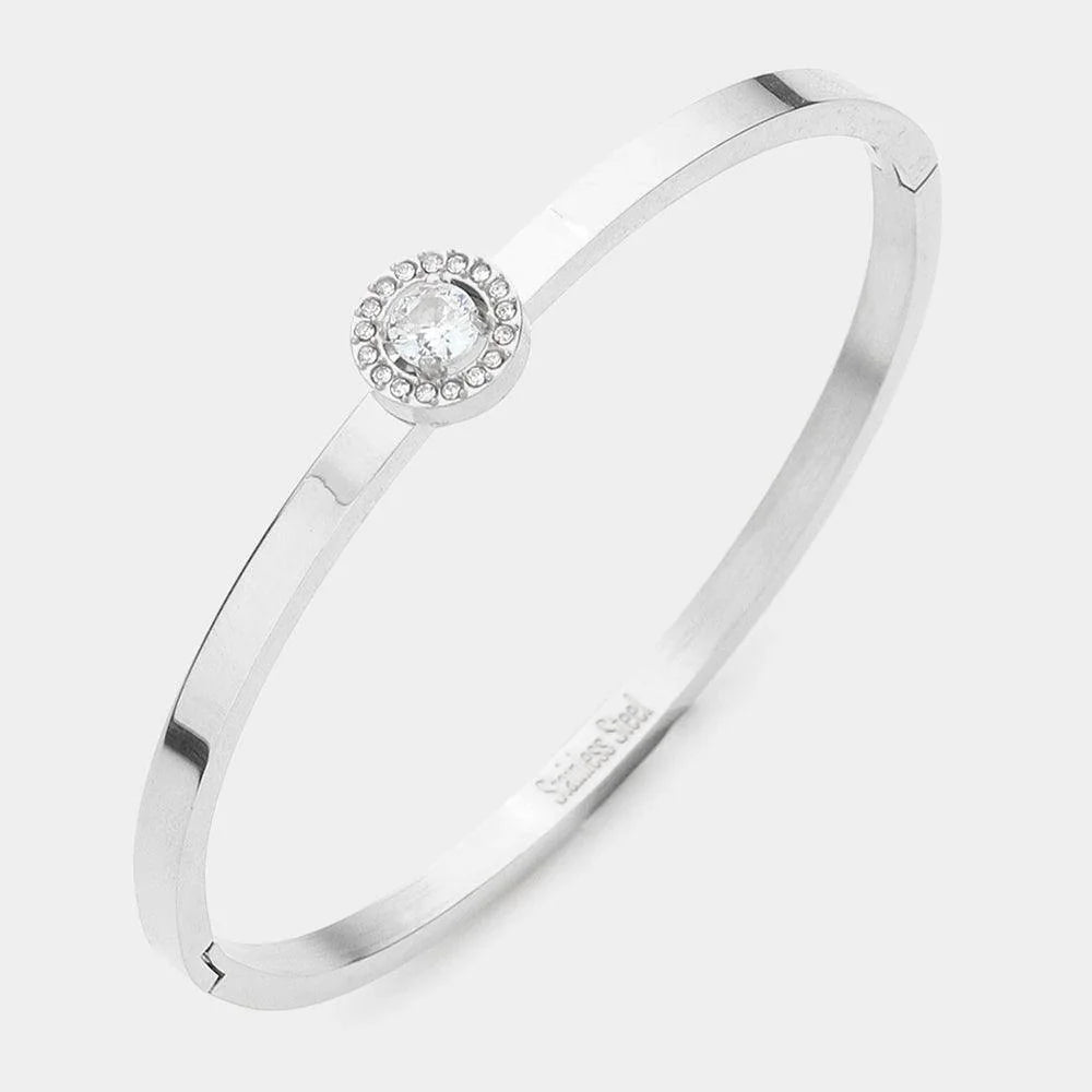 Silver CZ Rond Stone Accented Stainless Steel Bangle Bracelet - Jewelry Store by Erik Rayo