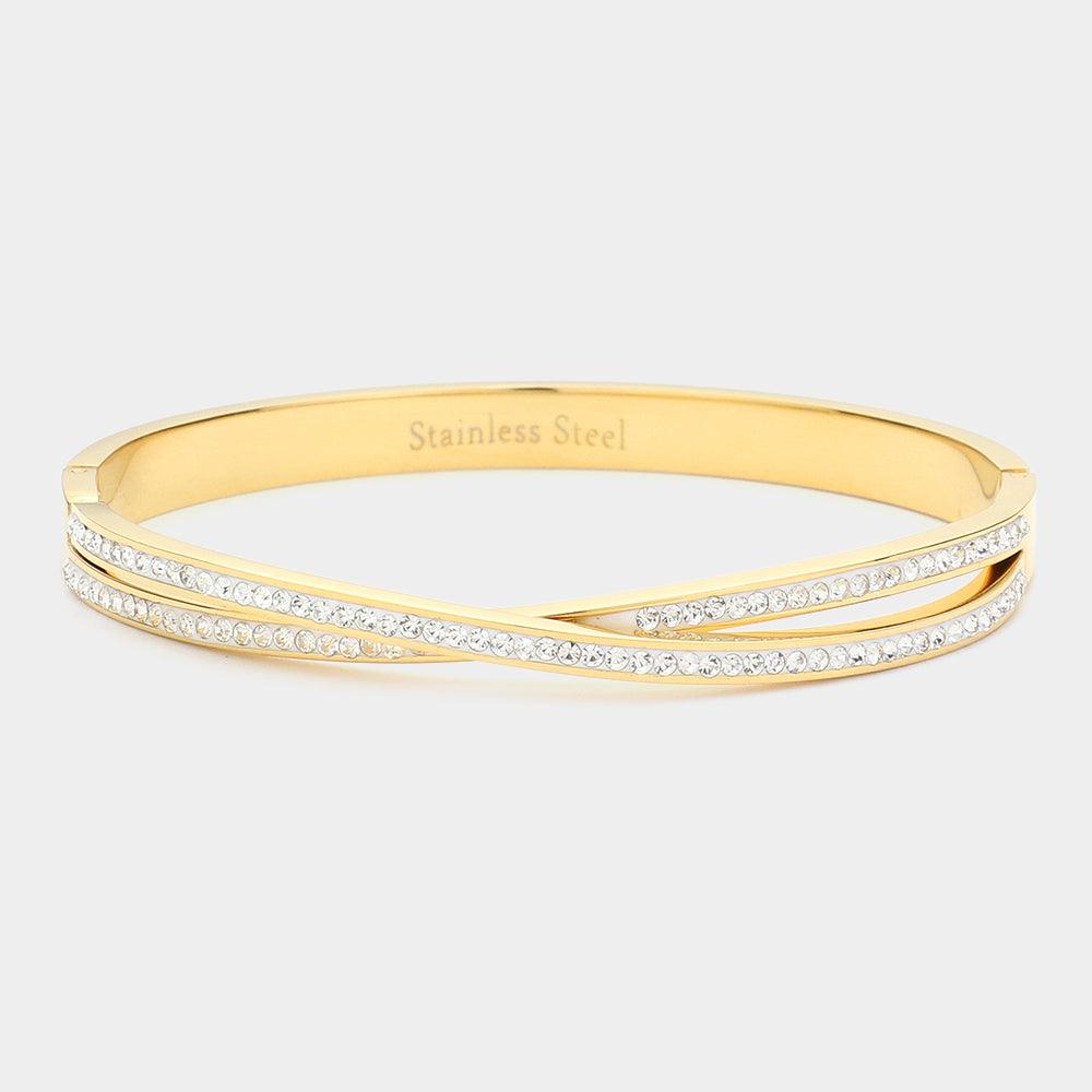 Gold CZ Stone Paved Twisted Stainless Steel Bracelet