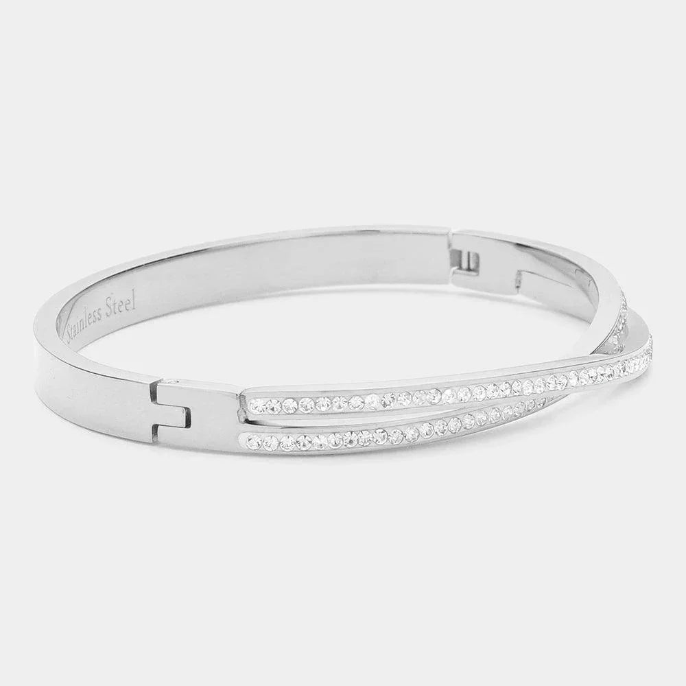Silver CZ Stone Paved Twisted Stainless Steel Bracelet - Jewelry Store by Erik Rayo