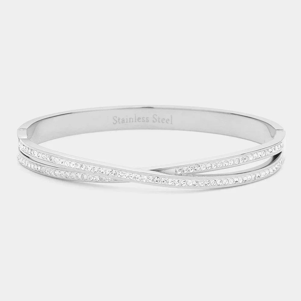 Silver CZ Stone Paved Twisted Stainless Steel Bracelet - Jewelry Store by Erik Rayo