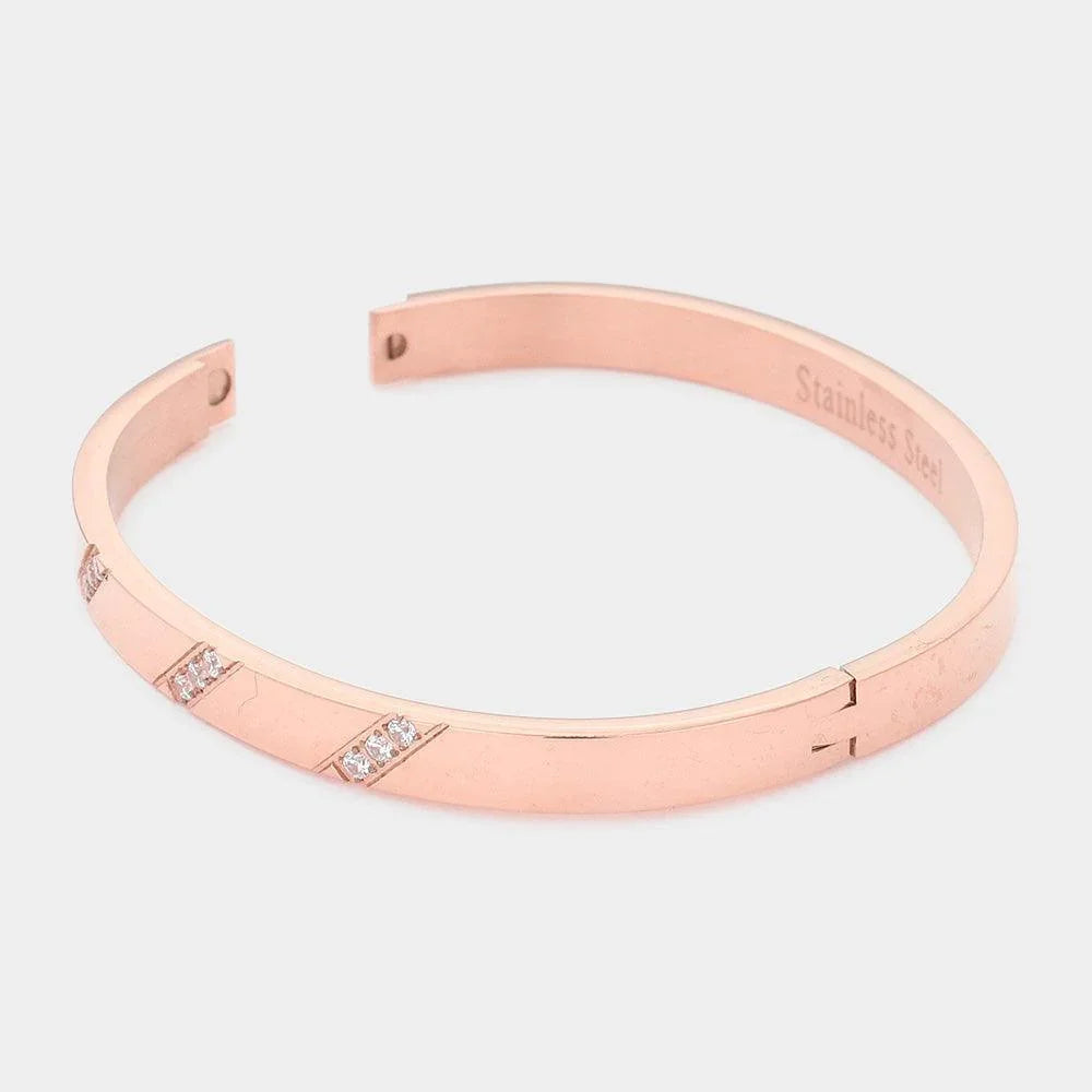 Rose Gold CZ Embellished Stainless Steel Bangle Evening Bracelet - Jewelry Store by Erik Rayo