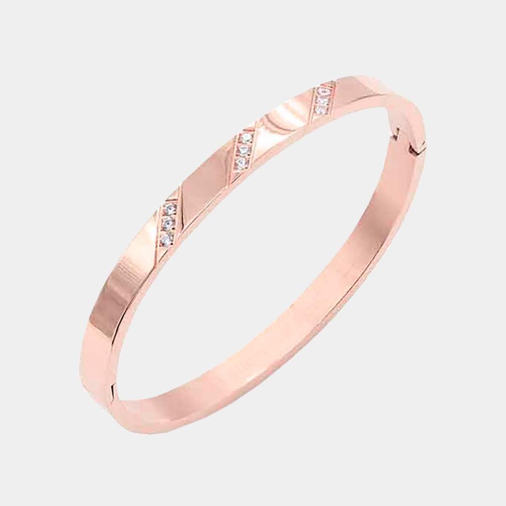 Rose Gold CZ Embellished Stainless Steel Bangle Evening Bracelet