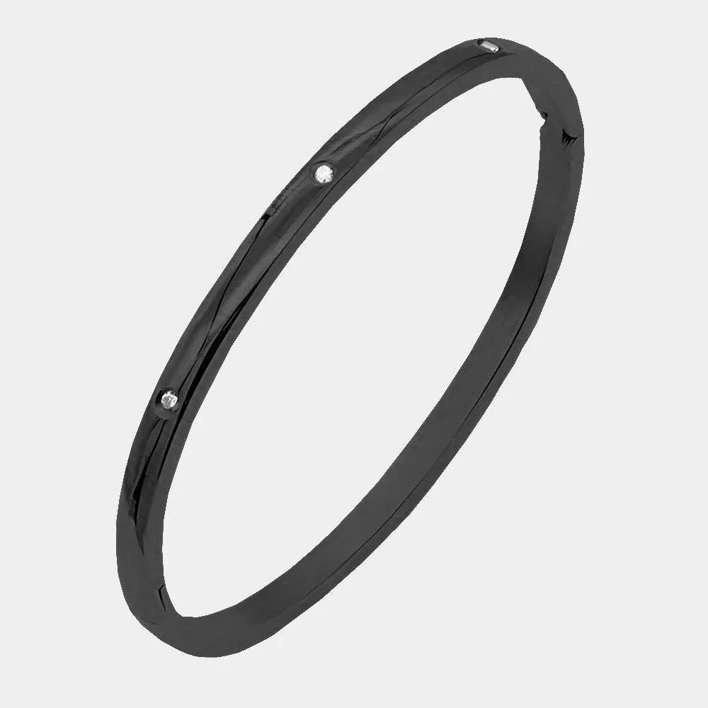 Black Rhinestone Embellished Stainless Steel Bangle Evening Bracelet - Jewelry Store by Erik Rayo