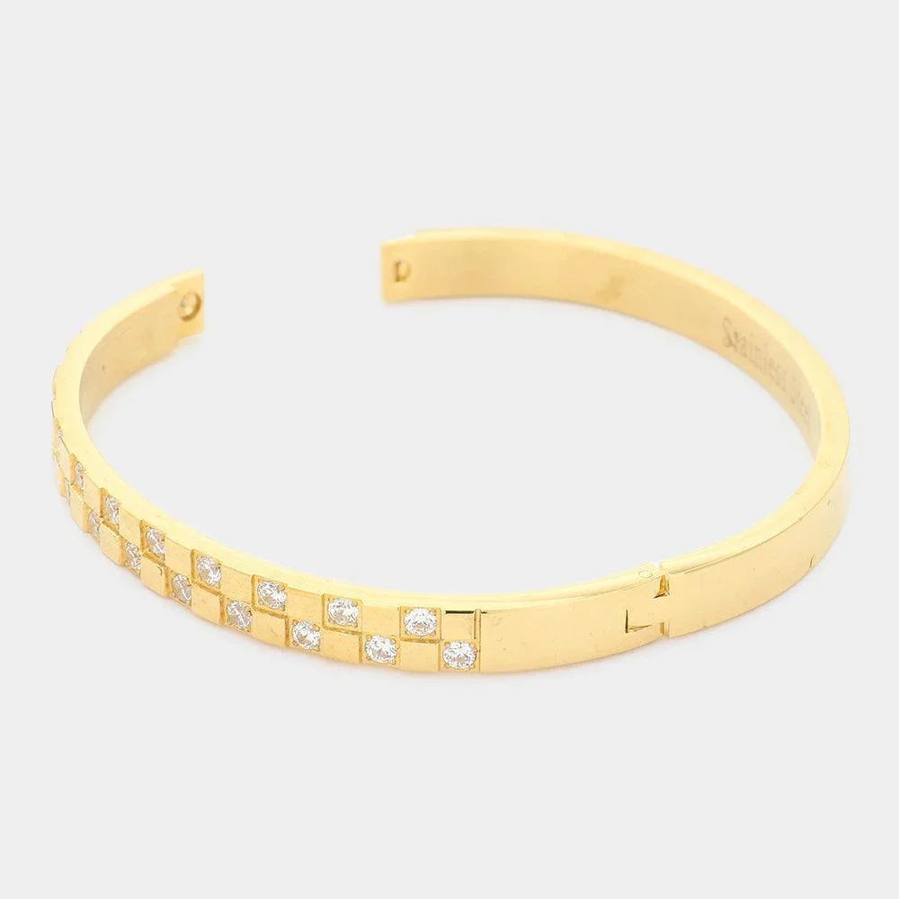 Gold CZ Embellished Stainless Steel Bangle Evening Bracelet - Jewelry Store by Erik Rayo