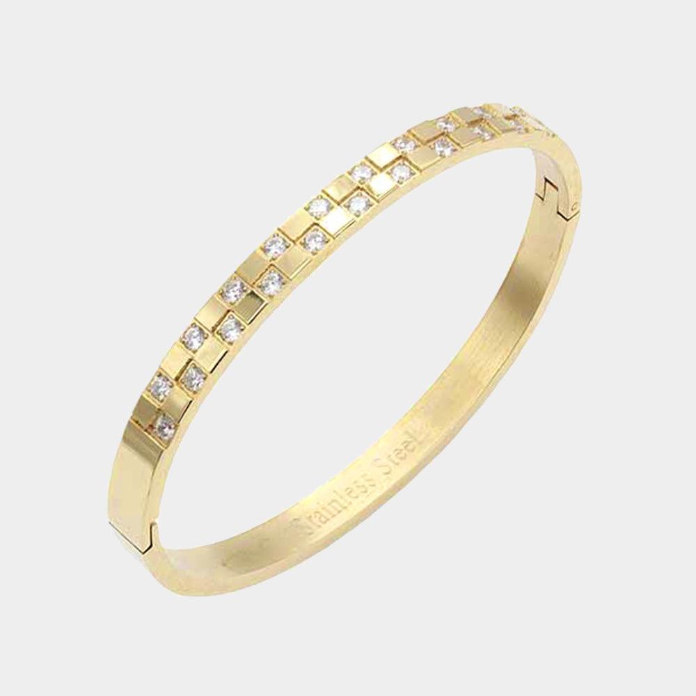 Gold CZ Embellished Stainless Steel Bangle Evening Bracelet