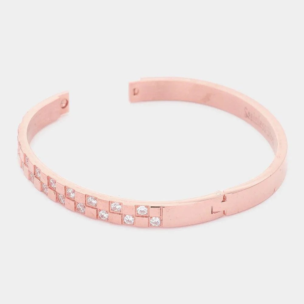 Rose Gold CZ Embellished Stainless Steel Bangle Evening Bracelet - Jewelry Store by Erik Rayo