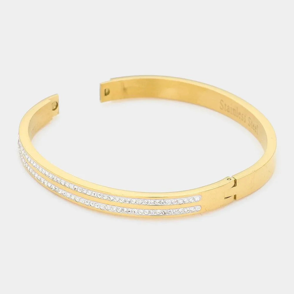 Gold CZ Embellished Stainless Steel Bangle Evening Bracelet - Jewelry Store by Erik Rayo