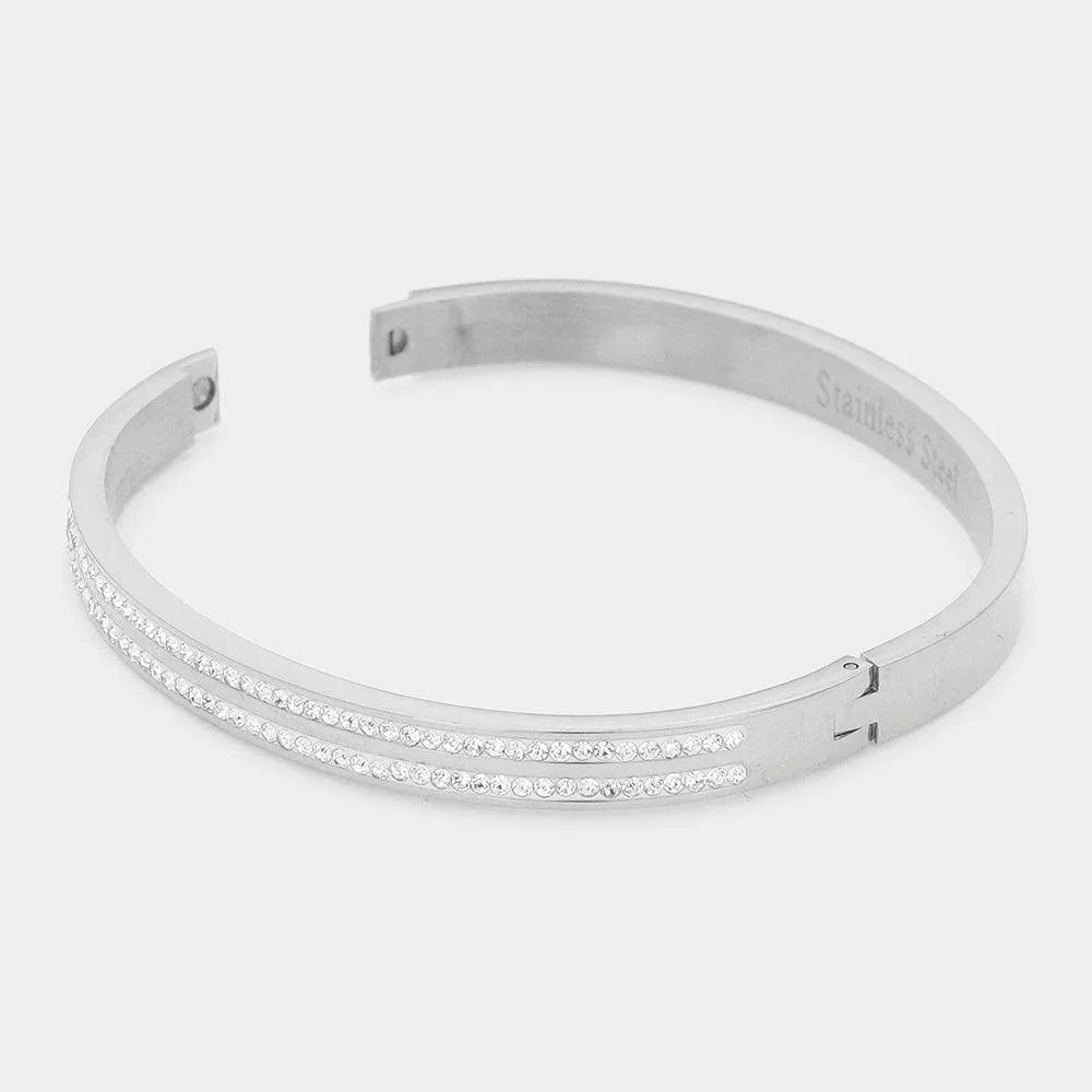 Silver CZ Embellished Stainless Steel Bangle Evening Bracelet - Jewelry Store by Erik Rayo