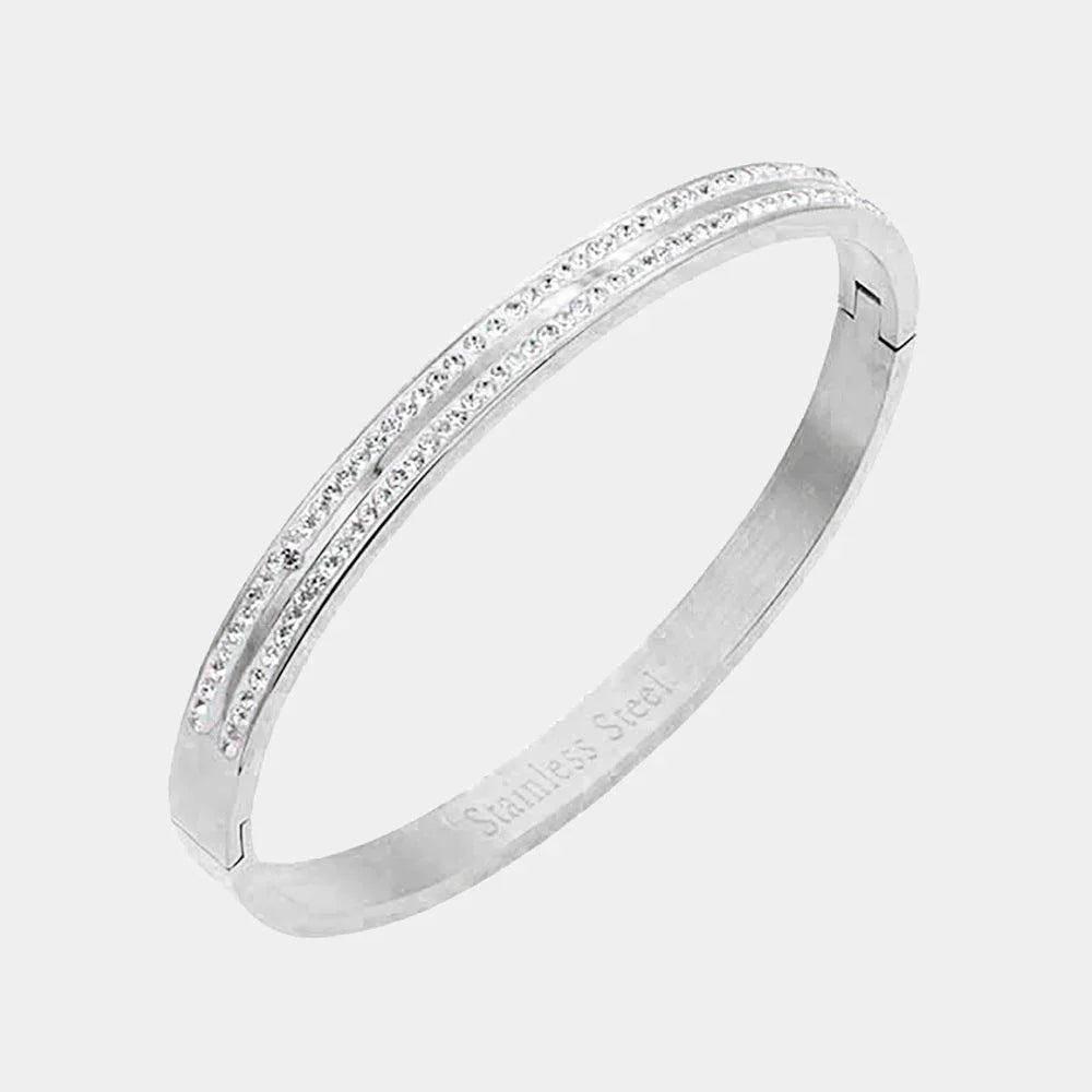 Silver CZ Embellished Stainless Steel Bangle Evening Bracelet - Jewelry Store by Erik Rayo