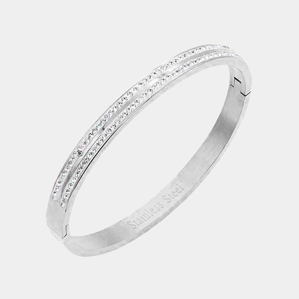 Silver CZ Embellished Stainless Steel Bangle Evening Bracelet