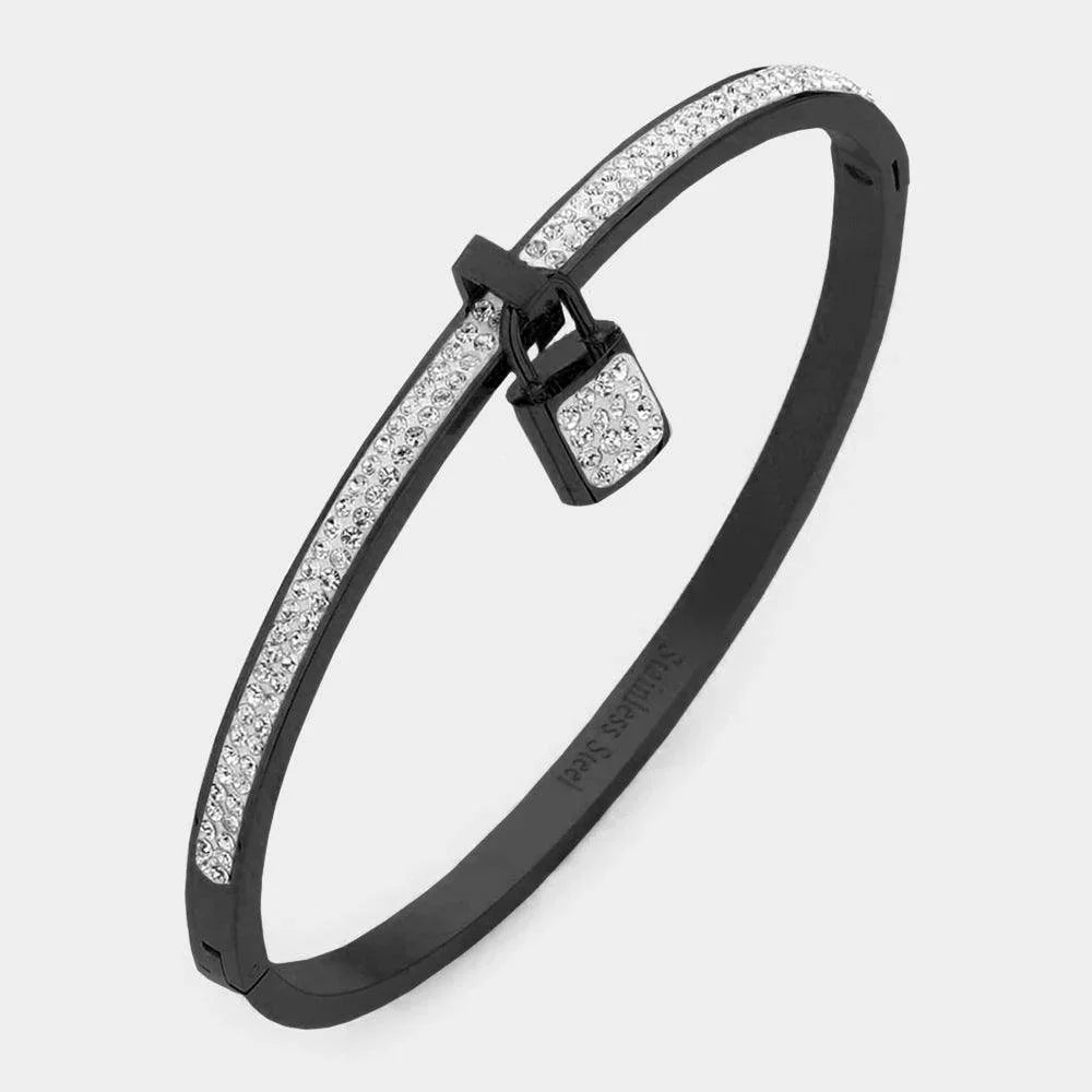 Black Rhinestone Embellished Lock Charm Stainless Steel Bangle Evening Bracelet - Jewelry Store by Erik Rayo