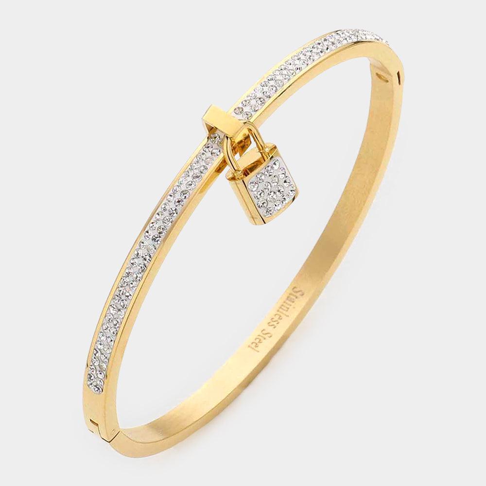 Gold Rhinestone Embellished Lock Charm Stainless Steel Bangle Evening Bracelet - Jewelry Store by Erik Rayo