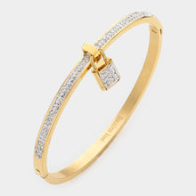 Load image into Gallery viewer, Gold Rhinestone Embellished Lock Charm Stainless Steel Bangle Evening Bracelet
