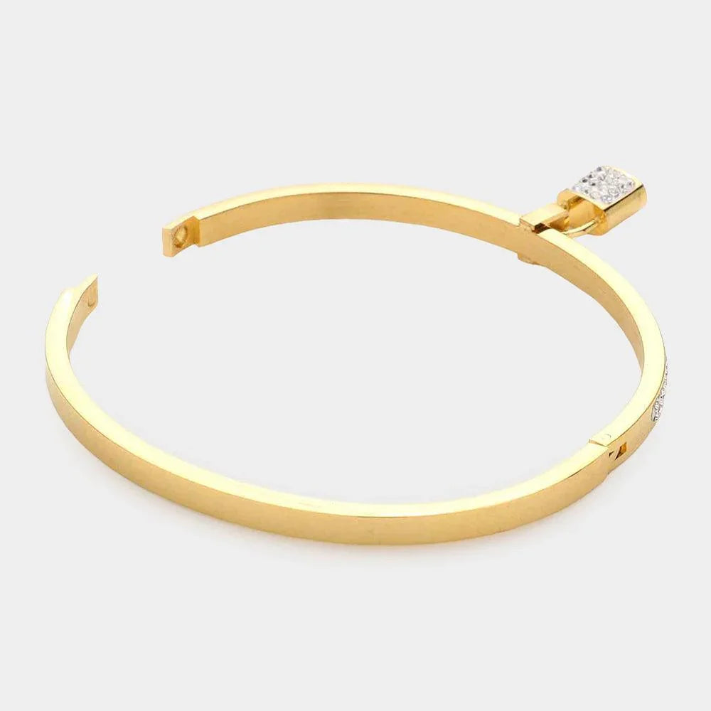 Gold Rhinestone Embellished Lock Charm Stainless Steel Bangle Evening Bracelet - Jewelry Store by Erik Rayo