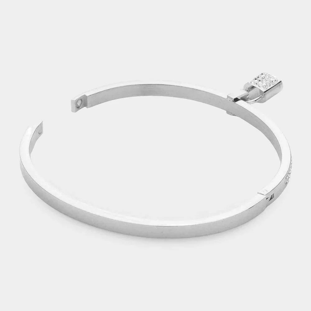 Silver Rhinestone Embellished Lock Charm Stainless Steel Bangle Evening Bracelet - Jewelry Store by Erik Rayo