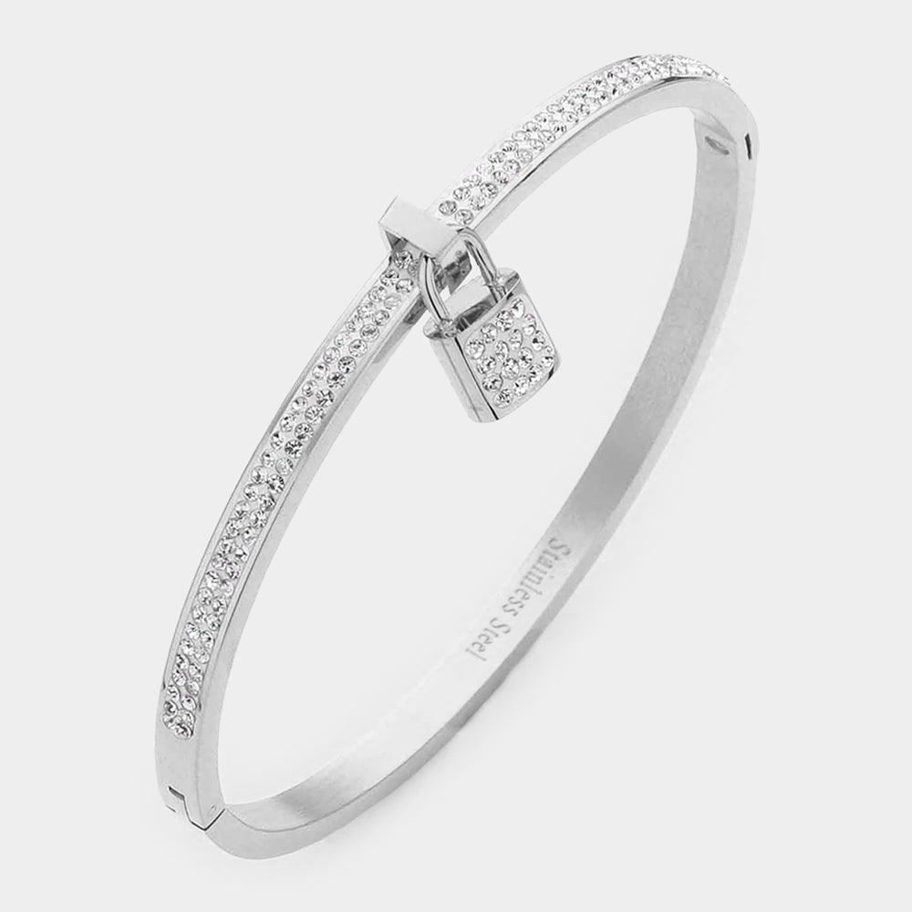 Silver Rhinestone Embellished Lock Charm Stainless Steel Bangle Evening Bracelet