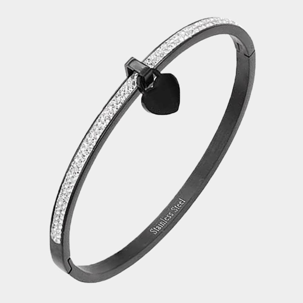 Black Heart Charm Stainless Steel Bangle Evening Bracelet