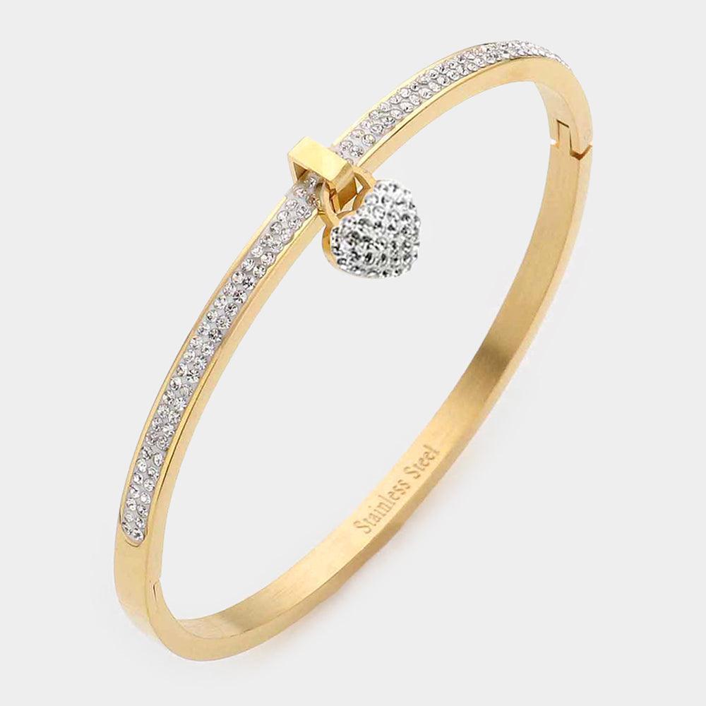 Gold Rhinestone Embellished Heart Charm Stainless Steel Bangle Evening Bracelet - Jewelry Store by Erik Rayo