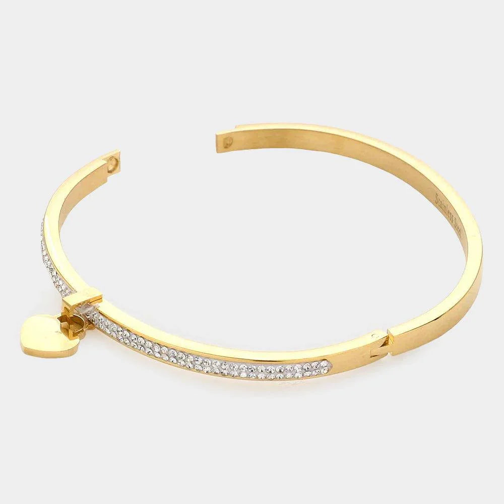 Gold Rhinestone Embellished Heart Charm Stainless Steel Bangle Evening Bracelet - Jewelry Store by Erik Rayo