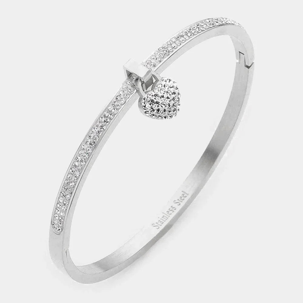 Silver Rhinestone Embellished Heart Charm Stainless Steel Bangle Evening Bracelet - Jewelry Store by Erik Rayo