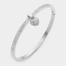 Load image into Gallery viewer, Silver Rhinestone Embellished Heart Charm Stainless Steel Bangle Evening Bracelet
