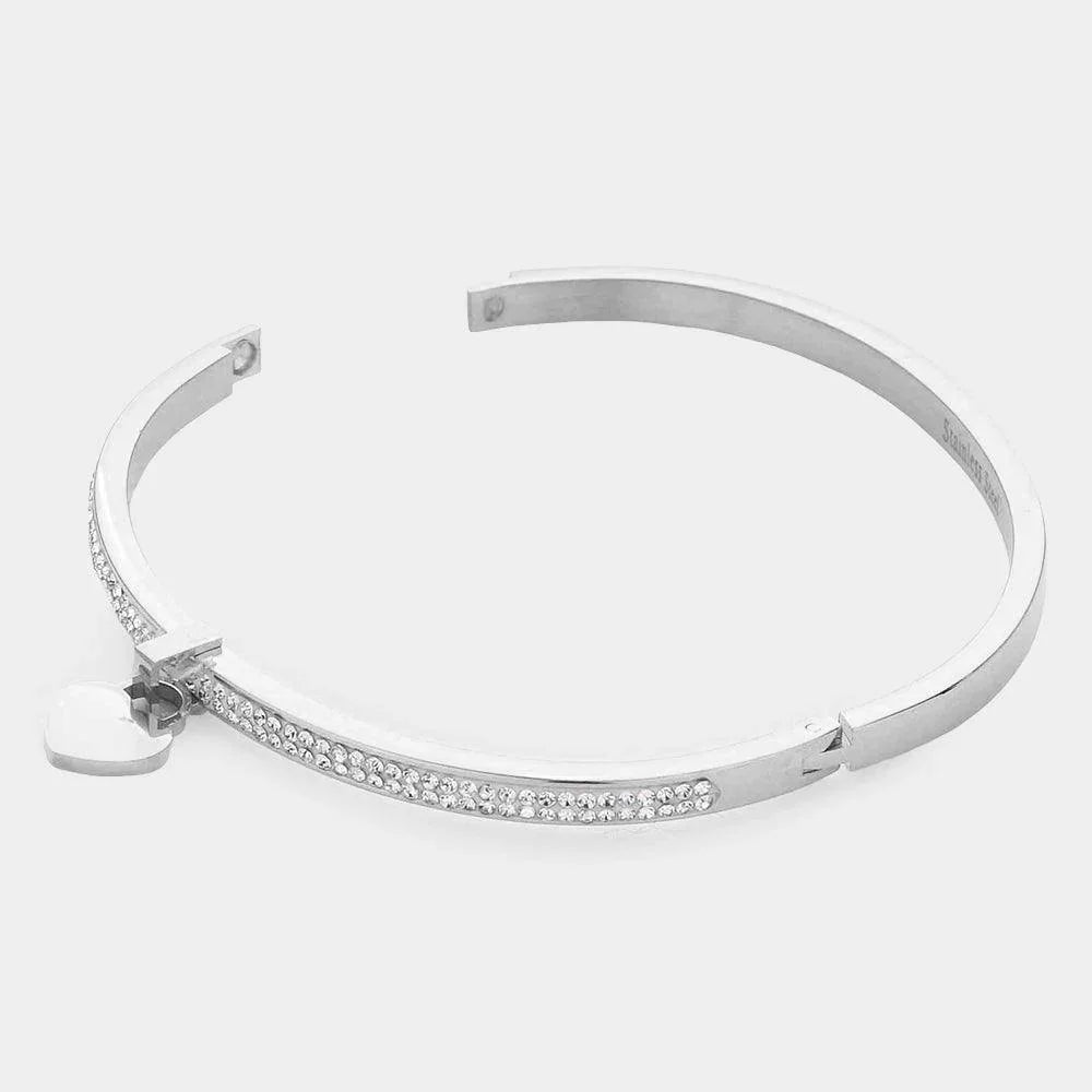 Silver Rhinestone Embellished Heart Charm Stainless Steel Bangle Evening Bracelet - Jewelry Store by Erik Rayo