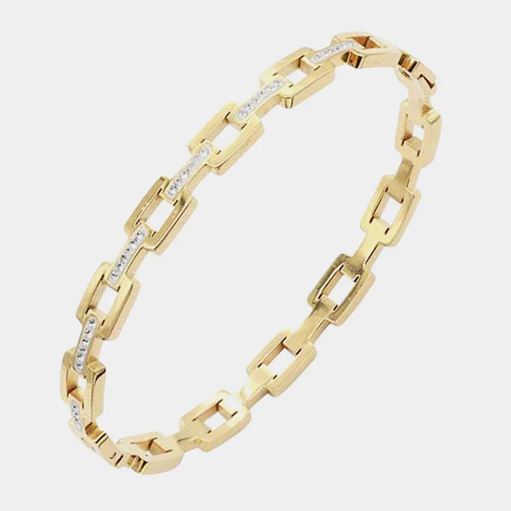 Gold Rhinestone Embellished Open Rectangle Link Stainless Steel Bangle Evening Bracelet - Jewelry Store by Erik Rayo