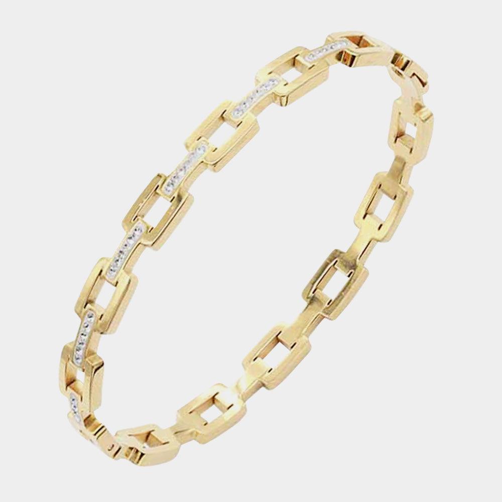 Gold Rhinestone Embellished Open Rectangle Link Stainless Steel Bangle Evening Bracelet