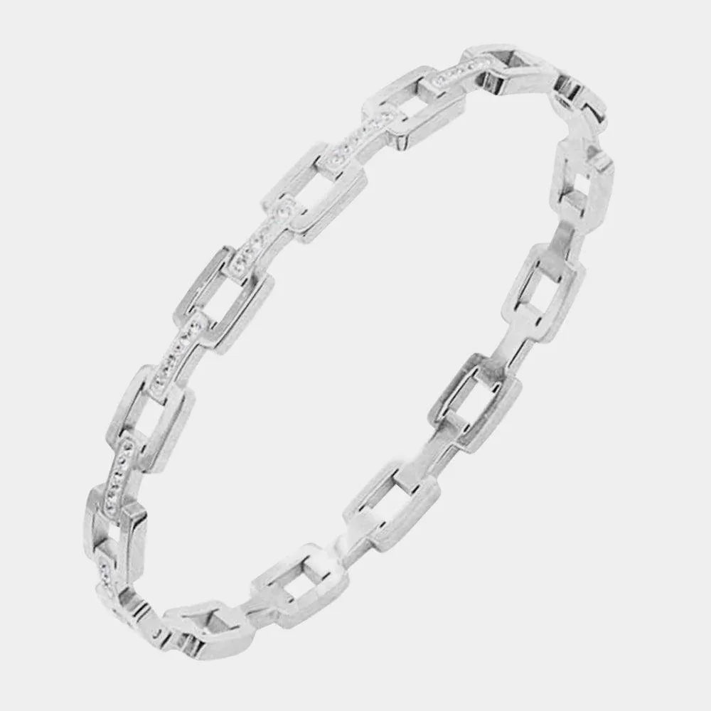 Silver Rhinestone Embellished Open Rectangle Link Stainless Steel Bangle Evening Bracelet - Jewelry Store by Erik Rayo