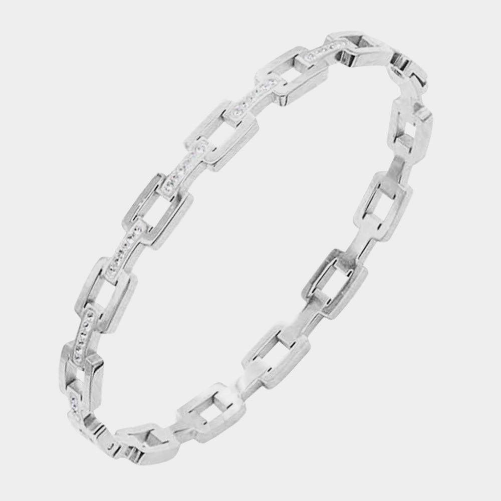 Silver Rhinestone Embellished Open Rectangle Link Stainless Steel Bangle Evening Bracelet