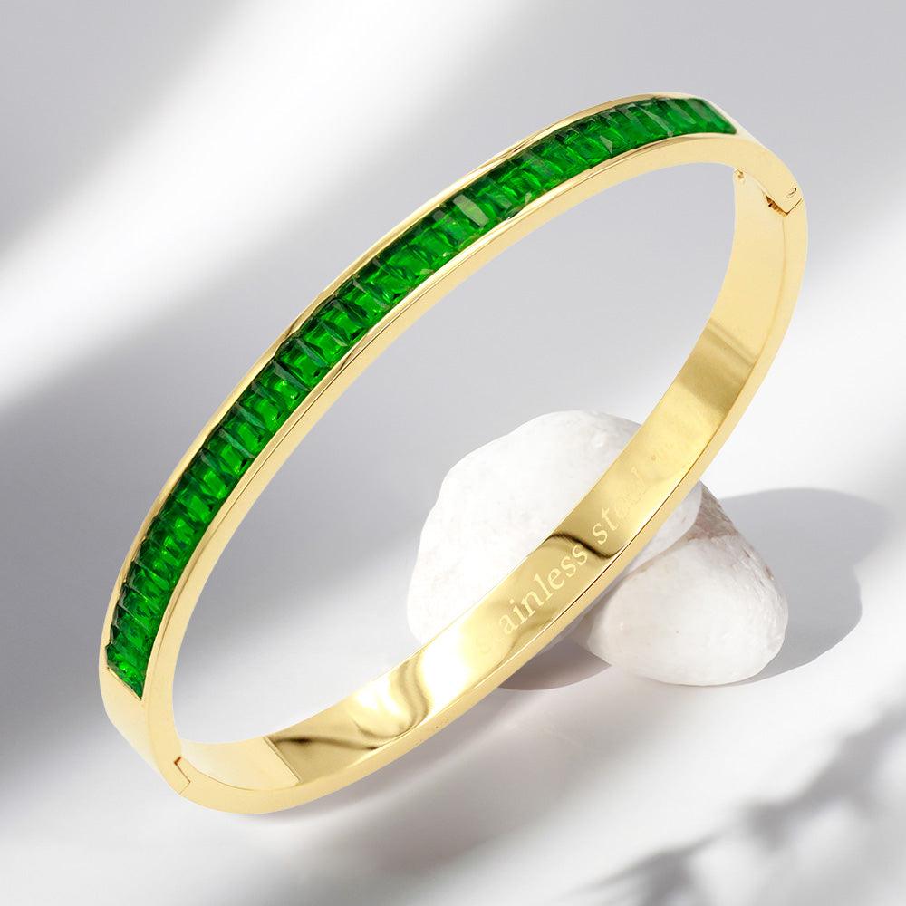 Green CZ Baguette Stone Cluster Stainless Steel Evening Bracelet