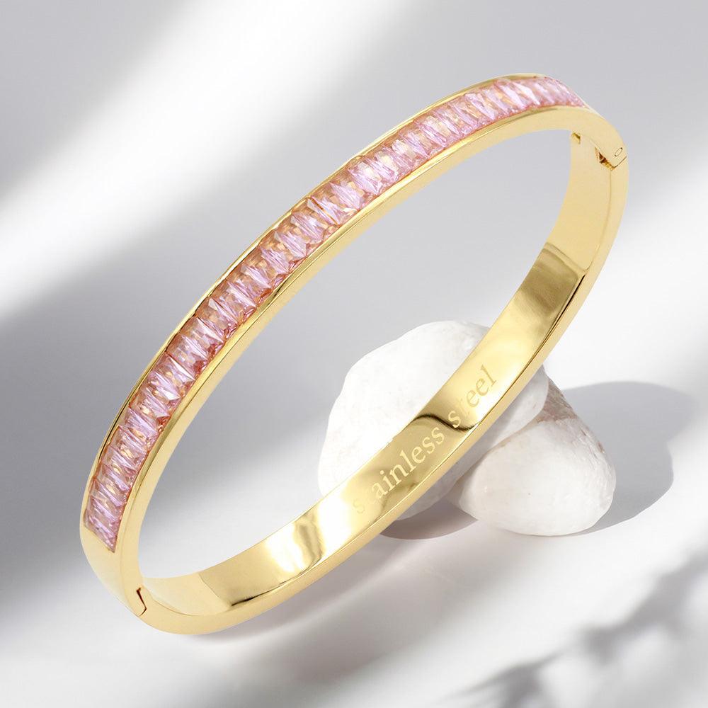 Pink CZ Baguette Stone Cluster Stainless Steel Evening Bracelet