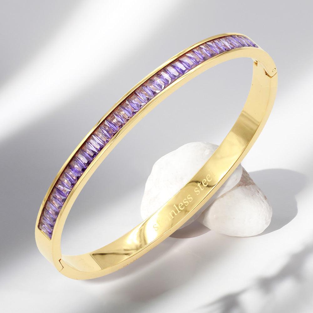 Purple CZ Baguette Stone Cluster Stainless Steel Evening Bracelet